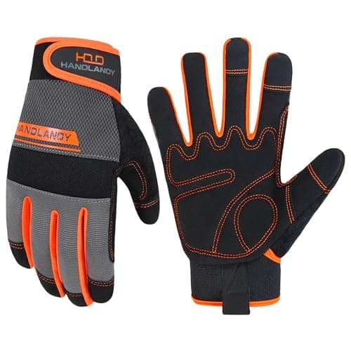 Image of HANDLANDY Safety Work Gloves Men Women, Utility Padded Mechanic Builders Construction Warehouse Working Gloves Touch Screen Gardening Glove (Orange, M)