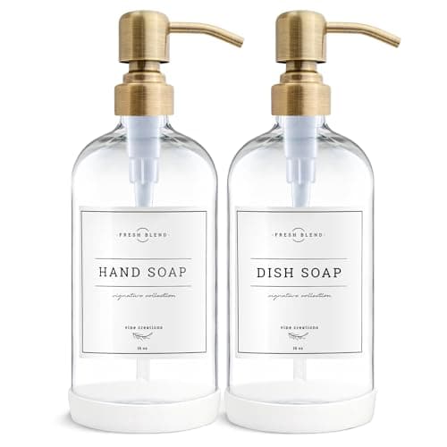 Image of Vine Creations Clear Glass Soap Dispenser, 2 Pack Kitchen Soap Dispenser Set with Stainless Steel Pump, 16 oz Dish Soap and Hand Soap Dispensers for Bathroom with Waterproof Labels