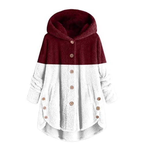 Image of Ceboyel Womens Sherpa Teddy Coat With Hood Fleece Fuzzy Winter Jackets Button Down Cardigan Cute Warm Loungewear 2023, J06-wine, 4XL