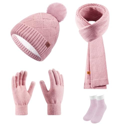 Image of HESUSLA Winter Hat Scarf Gloves Set for Women 3 in 1 with Socks | Warm Knitted Beanie Pom Pom, Fleece Lined Touchscreen Gloves, Long Cosy Scarf | Ladies Cold Weather Gift Idea (Pink)