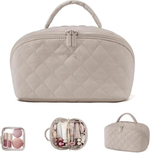 Image of Lay Flat Makeup Bag for Women, Travel Cosmetic Organizer with Large Capacity, Padded Toiletry Case with Compartments, Waterproof & Washable(Beige)