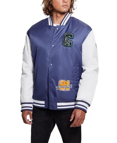 Image of GUESS Men's Tyler Varsity Bomber Jacket, Sharp Navy/Wht Blocking, XL