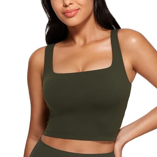 Image of CRZ YOGA Women's Butterluxe Square Neck Sports Bra Padded Wireless Crop Top Gym Workout Tank Tops Camisole with Built in Bra Olive Green 10