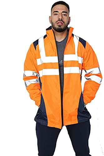 Image of Parsa Fashions Hi Vis Rain Jacket Mens High Visibility Waterproof Reflective Tape Band Safety Zipper Hooded Top Lightweight Sizes Small to 5XL Orange XL