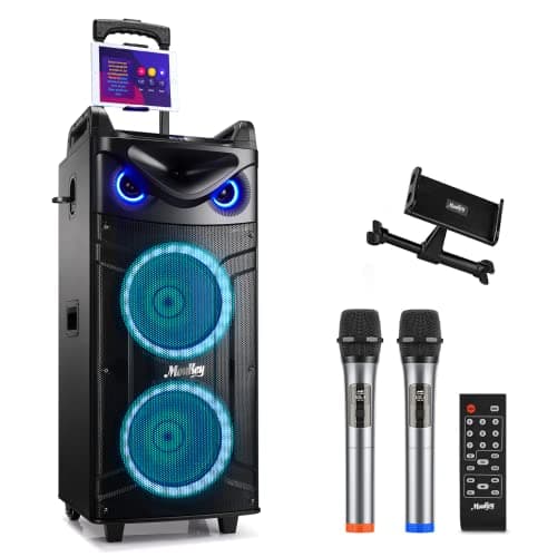 Image of Moukey Karaoke Machine, Double Woofer PA System with 2 Wireless Microphones, Disco Lights and Echo/Treble/Bass Adjustment, Portable Bluetooth Speaker for Party, Support TWS/REC/AUX/MP3/USB/TF/FM
