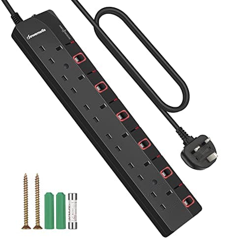 Image of DEWENWILS 6 Way Surge Protected Extension Lead with Individual Switches and Indicator Lights, Extension Cable 3M, 13Amp 6Gang Power Strip Lead, Black