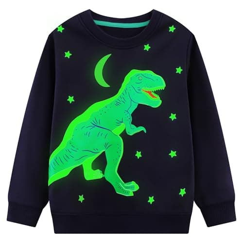 Image of Hoseay Boys Sweatshirt Cotton Dinosaur Print Jumpers Glow-in-The-Dark Pullover Soft Long Sleeve T-Shirt Crew Neck Tops Casual Wear Outfits Kids Clothes Age 5-6 Years, Star Navy Blue