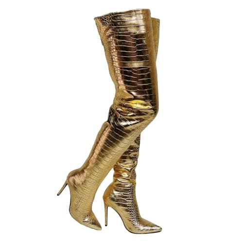 Image of Punk Stiletto Over Knee Boots, Gold Python Snake Print Synthetic Leather High Heels Thigh Boots, Frankie Hsu Big Large Size Designer Style Wide Thigh High Heeled Long Tall Boot For Women Men, Gold, 6