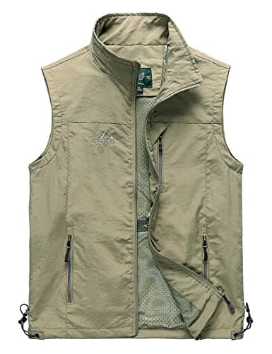 Image of Sukany Men's Casual Utility Fishing Vest Lightweight Outdoor Work Safari Travel Photo Multi Pockets Waistcoats Khaki M