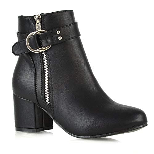 Image of ESSEX GLAM Womens Ankle Boots Block Low Mid Heel Ladies Zip Buckle Strap Smart Booties Shoes Black Synthetic Leather