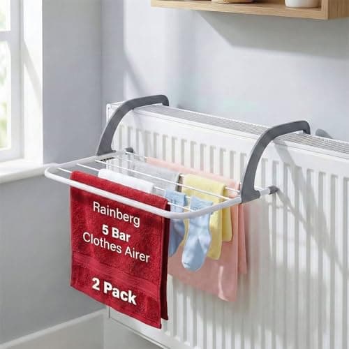 Image of Rainberg 5 Bar Radiator Clothes Airer Rack, Foldable Clothes Airer with Adjustable Arms, Laundry Dryers Clothes, Hanging Drying Rack Airer (Pack of 2)