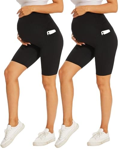 Image of DDOBB 2 Pack Maternity Leggings Over Bump with Pockets High Waist Black Soft Belly Support Stretchy Pregnancy Pants Yoga Workout Pajama Trousers