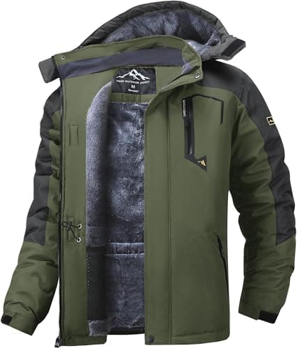 Image of Tansozer Mens Ski Jacket Waterproof Winter Coat Fleece Lining Raincoat Quick Dry Softshell Hoodie Heated Mountain Parka, Army Green, M