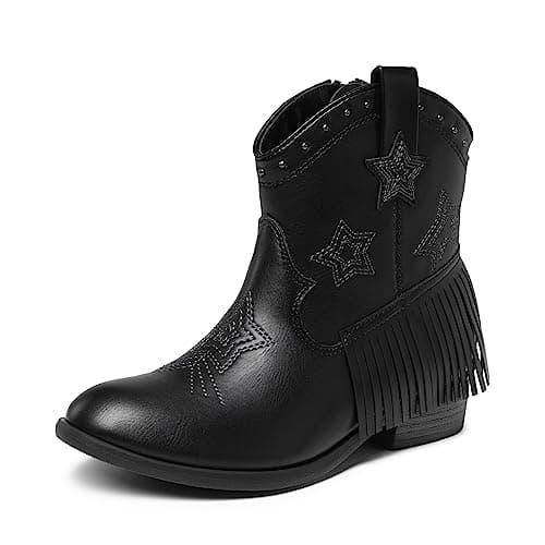 Image of DREAM PAIRS Girls Cowgirl Cowboy Ankle Western Boots Side Zipper Riding Shoes with Tassel Little Kid/Big Kid,Size 12 Little Kid,Black,SDBO2302K