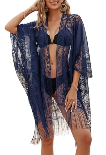Image of colornival Sexy Elegant Lace Kimono Beach Cover Up for Women, Lightweight Open Front and Fringe Kimono for Holidays, Poolside, Seaside and Party Navy Blue
