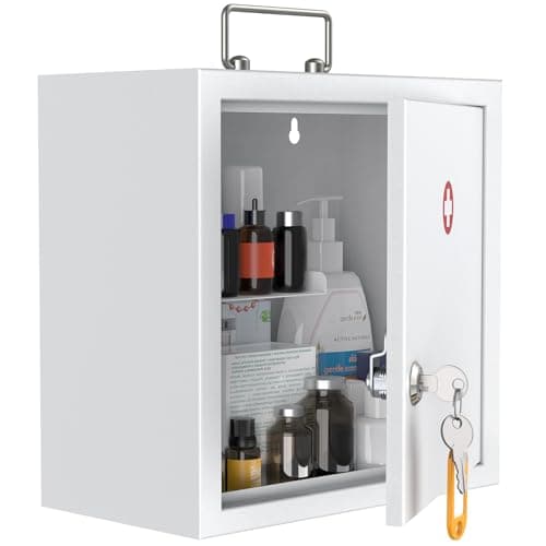 Image of Uniclife Wall Mount Medicine Cabinet with Key Lock & Handle Locking First Aid Lockable Medical Storage Box Medium Medicine Organizer Secure Steel Wall Cabinet Metal Storage Box, White