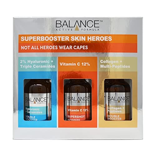 Image of Balance Active Formula Superbooster Skin Heroes Set (2% Hyaluronic & Triple Ceramides, Vitamin C 12% & Collagen & Multi-Peptides Serums) - Dermatologically Tested. Suitable for all Skin Types.