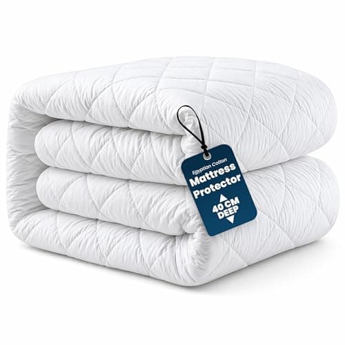 Image of Egypto Egyptian Cotton Quilted Mattress Protector Single | 40cm Extra Deep Skirt | Hollowfibre Filled Box Quilting Single Mattress Cover | 200 Thread Count | Breathable & Anti-Allergy (190 × 90 Cm)