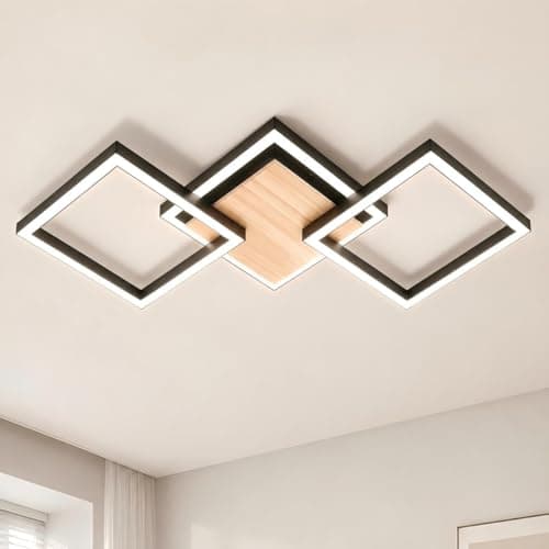 Image of BrightFly Black LED Ceiling Light, 24W 4000K Plastic Insulation Hallway Lights Ceiling, Square Modern Ceiling Lights with Wood Grain Panel, Flush Mount Light for Hallway Lounge Attic