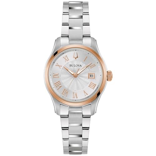 Image of Bulova Ladies Classic Mini Wilton 3-Hand Quartz Silver Stainless Steel Watch, Day Date, 29mm, Silver/Blue, Classic Wilton Quartz Two-Tone Stainless Steel Bracelet None