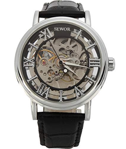 Image of SEWOR Men's Mechanical Hand-Wind Skeleton Transparent Wrist Watch with Vintage Style (Silver Black)
