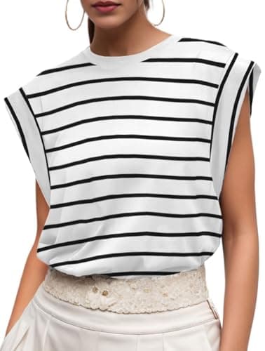Image of GRECERELLE Womens Cotton T Shirts Cap Sleeves Stripe Loose Fit Basic Ladies Tops for Casual Comfort Soft Crew Neck Summer Tees (White Black Stripe, M)