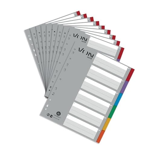 Image of VON Leitz 12950000 Pack of 10 6-Piece Index A4 Blank Dividers for Folders, Extra Wide, 100% Recycled Cardboard, 11-Hole Universal Index for Binders & Ring Binders, Multi-Colour, 12950