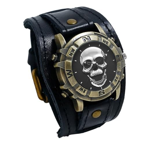 Image of JewelryWe Men's Black Leather Watch: Vintage Sport Casual Analog Quartz Halloween Punk Biker Skull Decorative Face Wide Strap Watch
