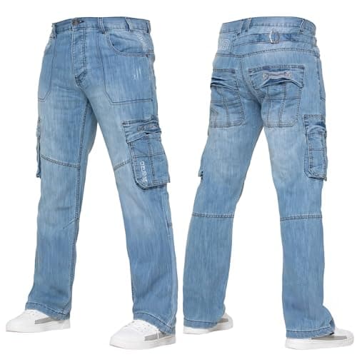 Image of 989Zé ENZO Mens Cargo Combat Jeans Casual Cotton Denim Straight Leg Pants Trousers Light Blue 34W / 32L