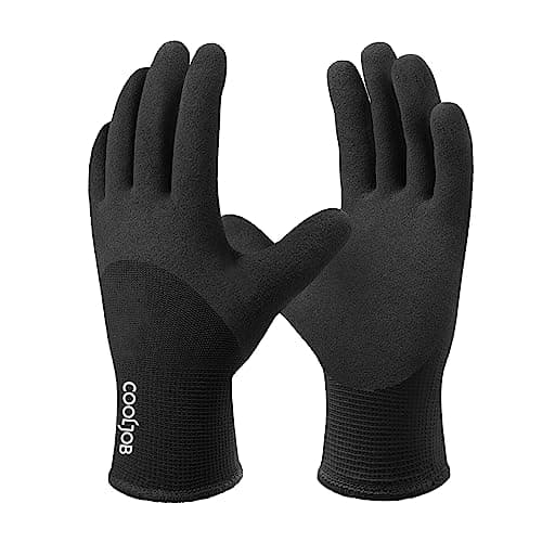 Image of COOLJOB Thermal Work gloves for Men and Women, Winter Garden Gloves, Anti Slip 3/4 Coated Gardening Work Gloves with Soft Warm Terry Inner, Ideal for Car Washing, Fishing, Warehouse, Black, 1 Pair, S