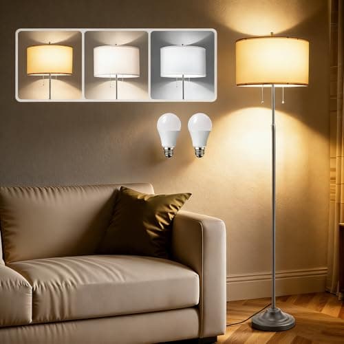 Image of Warmiehomy Linen Floor Lamp, Dimmable floor lamps for Living Room, Modern Corner floor Standing Lamps with E27 Bulbs, Adjustable Height, 3 Color Tall Lamp Free standing lamp, Standing Lighting, Silver