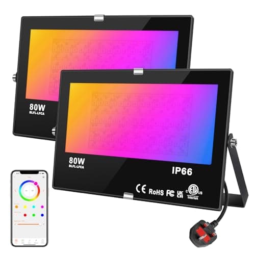 Image of DUSKTEC LED RGB Floodlight Outdoor 80W, Colour Changing Smart Flood Lights with Plug IP66 Waterproof, Outdoor Garden Lighting Mains Powered Outside Spot Lights, Wall Light with APP Controlled, 2 Pack