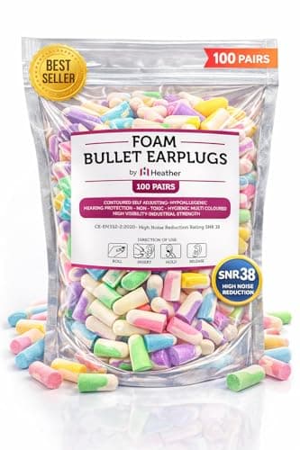 Image of Heather UK Safe Soft Foam Bullet Earplugs - 100 Pairs - Noise Cancelling Ear Plugs for Sleep, Snoring, Studying, Motorcycle, Swimming - Disposable Foam Earplugs - 38dB SNR - Multi-Color