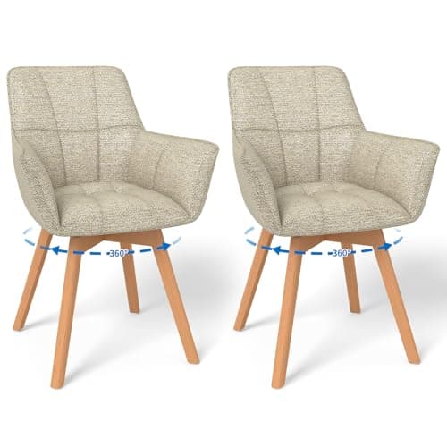 Image of LONGTOO Swivel Dining Chairs Set of 2, 360° Swivel Chair with Armrests, Wooden Legs, Upholstered Chair for Dining Room, Living Room, Kitchen, Bedroom, Khaki