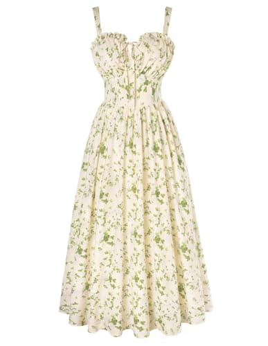 Image of SCARLET DARKNESS Women Renaissance Sweetheart Neck Ruched Beige Green Floral Dresses Smocked Spaghetti Strap A-Line Midi Dress M