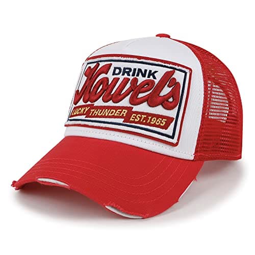 Image of ililily Premium Howels Embroidery Vintage Baseball Cap Distressed Trucker Hat, Red, Medium