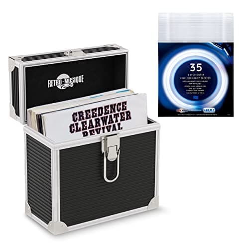 Image of Retro musique Aluminium 7" Vinyl Record EP Storage Case Holds up to 35 EPs (in PVC Sleeves) Includes 35 Vinyl Record Outer Sleeves (Black)