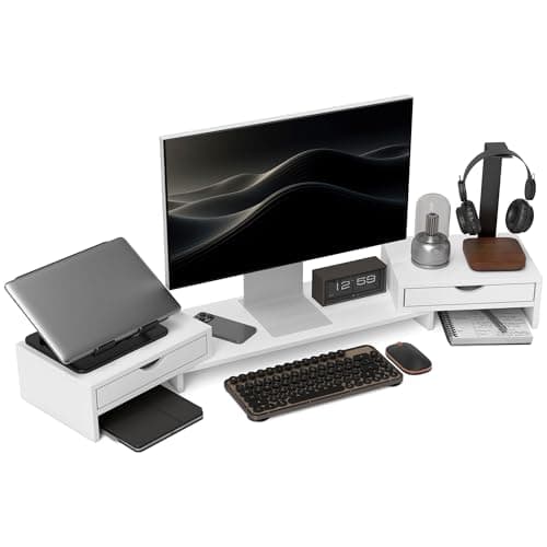 Image of HOMCOM Dual Monitor Stand Riser with 2 Drawers, Adjustable Length and Angle, 116cm Monitor Riser for Laptop, Computer, PC, Small Printer, White