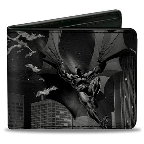 Image of Buckle-Down - Bi-Fold Wallet - Buckle-down Pu Bifold Wallet - Batman Beauty of Flight Action Pose/Bats/Skyline Black/Grays unisex-adults