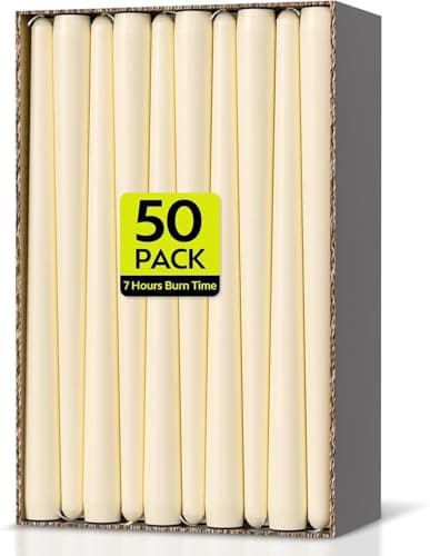 Image of Taper Dinner Candles, Non-Drip Table Candlesticks, Unscented Ivory, 7-Hour Burn Time, Long-Burning Tapered Candles, Paraffin Wax with Cotton Wicks, 50 Pack