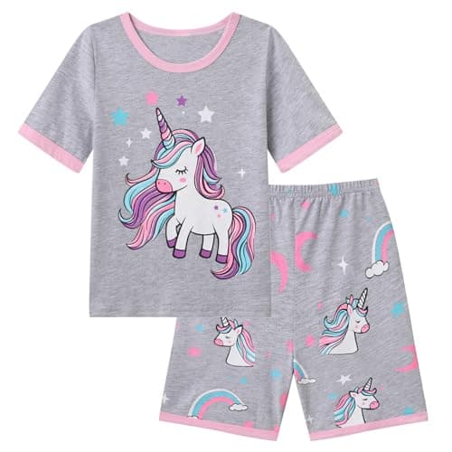 Image of Dinopjs Girl's Pyjama Sets Cotton Dinosaur Unicorn Pjs Kids Summer Short Pajamas for Girls 1-2 Years Children Clothes, Grey