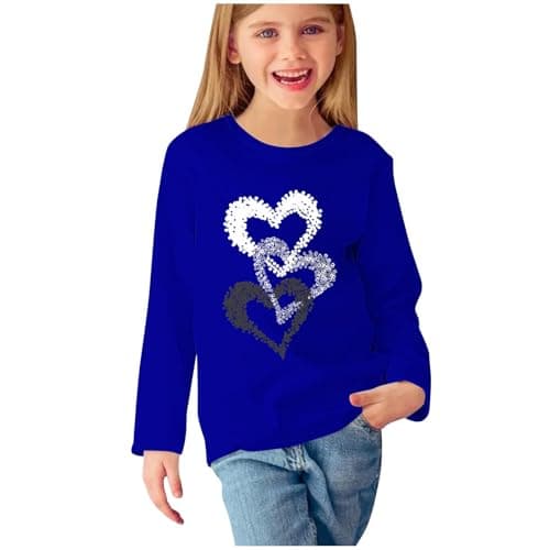 Image of AMhomely Long Sleeve T Shirts Girls-Love Heart Print Tops,Funny Graphic Pullover Tees Shirts,Comfort Casual Basic Tshirts,Teens,Valentines Days,Back to School,Party,Daily A Blue 13-14 Years