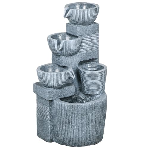 Image of Outsunny 57cm Tall Solar Powered Outdoor Water Fountain, 4-Tier Floor Standing Resin Cascading Bowls Waterfall Fountain with LED Lights and Pump for Garden, Patio, Dark Grey
