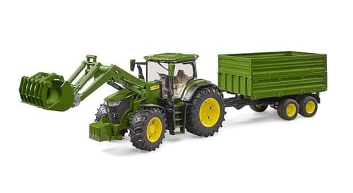 Image of John Deere 7R 350 Tractor with Front Loader and Tandem Tipping Trailer – 1:16 Scale Farm Vehicle Set with Movable Loader, Tilting Trailer, Compatible with Bruder Figures & bWorld Accessories | Ages 3+