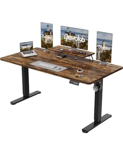Image of Devoko Electric Standing Desk 160 x 70cm with Monitor Stand, Height Adjustable Desk for Gaming, Home Office Table with 2 Memory Smart Pannel (Rustic Brown)