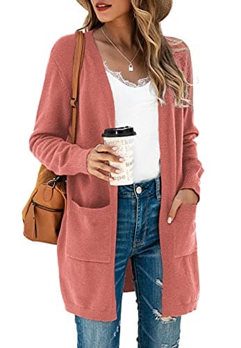 Image of TASAMO Womens Cardigans Open Front with Pockets Side Split Draped Casual Knit Sweaters(Large, Coral Pink)