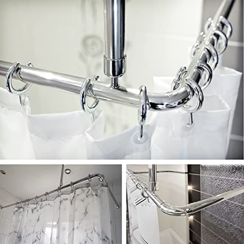 Image of Shower Curtain Rail/Rod, 4 way use, L or U Shape With Ceiling Mount and Semi-Open Rings (Chrome)