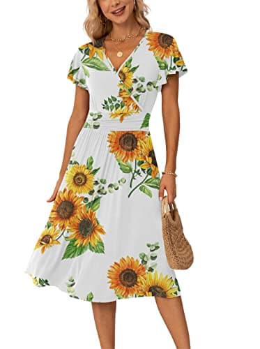 Image of GRECERELLE Womens Summer Wrap Dress Ladies Casual Ruffle Short Sleeve V-Neck Floral Beach Dresses for Women (FP Sunflower White, XL)