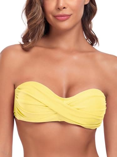 Image of Ocean Blues Women's Lemon Yellow Swimsuit Top Bandeau Bikini Top Plus Size Ruched Bathing Suit Top Size Small