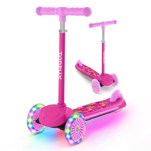 Image of TONBUX 3 Wheel Tri Scooter, Easy Folding System, Height Adjustable Handlebars, Tilt To Turn Steering, Kids Aged 3+ Years (Rose Red)